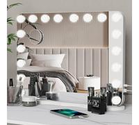 pureglow Espejo de Tocador Hollywood Iluminado con 18 Bombillas LED, Espejo LED con Control Táctil y 3 Niveles de Brillo, Tipo C y USB para Uso en Mesa o Pared - Blanco