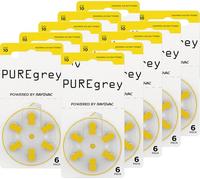 PUREgrey - Pilas para audífonos tipo 10 - 60 unidades para audífonos diseñados para el máximo rendimiento - Pack de 10 blísteres de 6 pilas para audífonos - Código de color amarillo PR70 1,45 V