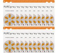 PUREgrey - Pilas para audífonos tipo 13 - 120 unidades para audífonos diseñados para el máximo rendimiento, paquete de 20 blísteres de 6 pilas para audífonos, código de color naranja PR48, 1,45 V