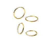 Purelei Lovely Glitter - Juego de pendientes para mujer, 2 pares de pendientes de aro (chapados en oro o plata), pequeñas circonitas y aros grandes lisos, impermeables, hipoalergénicos, Normal, Acero