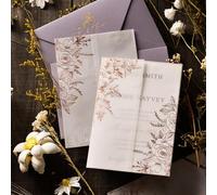 Puremigo - Paquete de 50 cubiertas de vitela preplegadas para invitaciones de 13 x 18 cm, patrón con lámina oro rosa, papel de 115 g/m², envolturas transparentes para invitaciones de boda