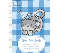 PureNotation: Blank Music Sheets, 120 pages - 8,5" x 11", Manuscript Paper, 7 Staves per Page: Wide Staff Paper for Kids, Cream Paper, Blue Headphone-wearing Cat Design