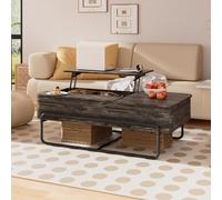 PURFINO Mesa de Centro con Tapa Elevable - Mesas Industriales de 3 Divisiones, Cajón Extraíble, Marco de Metal Estable y Almacenamiento Oculto, para Salón, Espacios Pequeños, Oficina en Casa