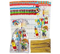 Purim Bags - Bolsas de celofán Purim - Bolsas de regalo Purim - Paquete de 20 bolsas de celofán Purim de 6 x 12 pulgadas - Bolsas de celofán Purim - Diseño de payaso y botella de vino
