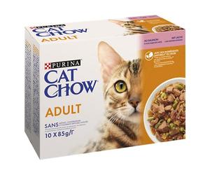 PURINA CAT CHOW | Gato Adulto | Bolsas de Comida | Salmón y Judías Verdes en Salsa| 10x85g | Caja