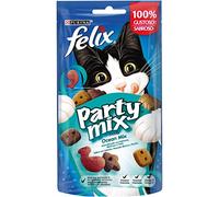 Purina Felix Party Mix Ocean, Snack para gato adulto, premio para Gato con Salmón, Pescado Blanco y Trucha, Pack de 8 bolsas de 60g