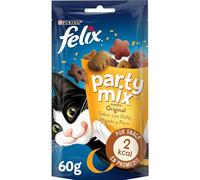 Purina Felix Party Mix Original, Snack para gato adulto, premio para Gato con Pollo, Higado y Pavo, 8 bolsas de 60g