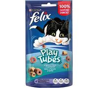Purina Felix Play Tubes, Snack, premio para Gato con Pescado y Gambas al horno, 8 bolsas de 50g