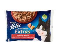 Purina Felix Sensations Extras Comida húmeda para Gatos con Carne de Res y una Pizca de Queso y con Pollo y una Pizca de Tocino, 4 Sobres de 85 g Cada una
