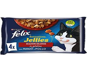 Purina Felix Sensations Jellies - Comida húmeda para Gatos con Manzana de gelatina con Tomate y Pollo de gelatina con Zanahorias, 48 Bolsas de 85 g Cada una