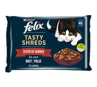 Purina Felix Tasty Shreds Comida Húmeda para Gato en Salsa Pack Surtido Carnes, 12 Paquetes de 4 Sobres de 80g - 48 Sobres