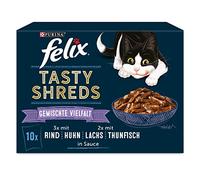 PURINA FELIX Tasty Shreds Diversidad de sabores para Gatos, Mezcla de Comida húmeda, Bolsa de porciones, 10 x 80 g