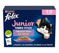 PURINA - Felix - Tiernas afiladas Junior - Gato - Alimento Completo, Apto para Gatitos esterilizados - Pollo, Carne, Salmón y Trucha - Jalea - Porción Individual - 12 x 85 g