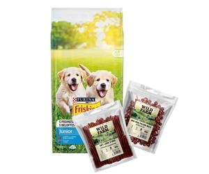 PURINA Friskies Junior 15kg & WILD FARM 2 premios para perros de 500 g (SABORES MIXTOS)