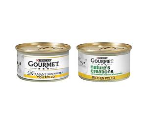 Purina Gourmet Diamant Mini Filetes en Salsa, Comida Húmeda para Gato con Carnes Asadas, 24 latas de 85g & Purina Nature's Creations Comida Húmeda Natural para Gato con Pollo, 24 latas de 85g