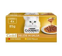 Purina Gourmet Gold, delicias en Salsa Comida húmeda para Gatos con Pollo y Ternera, 48 latas de 85 g Cada una