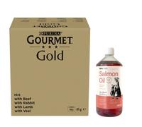 Purina Gourmet Gold Mousse mix 96x85g (buey, conejo, cordero, ternera) & LAB V Aceite de salmón para perros y gatos 1000ml