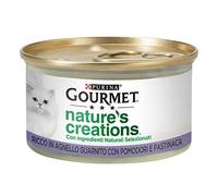 Purina Gourmet Nature's Creations - Comida húmeda para Gatos, Rica en Cordero, Adornada con Tomates y chirivías, 24 latas de 85 g