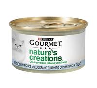 Purina Gourmet Nature's Creations - Comida húmeda para Gatos, Rica en Pescado del océano, Adornada con Espinacas y arroz, 24 latas de 85 g