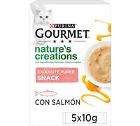 Purina Gourmet Nature's Creations Puree, Snack, premio para Gato adulto con Salmón y Zanahoria, 11 Packs de 5 sobres de 10g. (55 sobres)