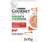 Purina Gourmet Nature's Creations Puree, Snack, Premio para Gato con Buey y Tomate, 11 Packs de 5 Sobres de 10g - 55 Sobres