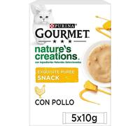 Purina Gourmet Nature's Creations Puree, Snack, Premio para Gato con Pollo y Calabaza, 5 Sobres de 10g (Paquete de 6)