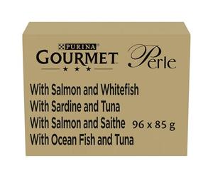 Purina Gourmet - Perlas de Salsa húmeda para Gatos con salmón, sardinas, Bacalao, Pescado del océano, 96 Sobres de 85 g