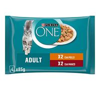Purina One Adult - Filetes de Salsa de Comida húmeda para Gatos, Pollo y Ternera, 4 Sobres de 85 g