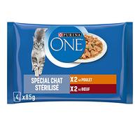 PURINA ONE | BIFENSIS | Gato Adulto esterilizado | Ayuda a controlar el Peso y a Mantener un Sistema urinario Saludable | Afilado en Salsa | Pollo, Carne de Res | Bolsas Frescura | Lote de 12 x (4 x
