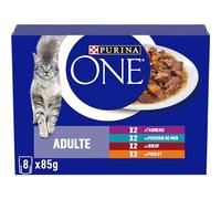 PURINA ONE Gato Adulto Afilado en Salsa de Pollo, Carne de Res, Cordero, Pescado de mar 8 x 85 g - Bolsas de Comida para Gatos Adultos