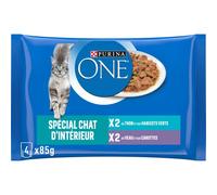Purina One Special Indoor Cat con atún y ternera - Bolsitas de frescura para gatos adultos, 12 (4 x 85 g)
