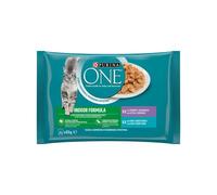 PURINA ONE Indoor Formula Finas Láminas en Salsa (4x85 gr) (Atún y Judías Verdes / Ternera y Zanahorias) - Comida Húmeda para Gatos Adultos de Interior con Control de Bolas de Pelo