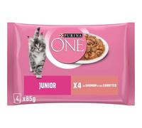 PURINA ONE Junior, Comida Húmeda para Gatito Junior, bebé, Trocitos en Salsa con Salmón y Zanahoria, 12 Packs de 4 Sobres de 85 g. (48 sobres)