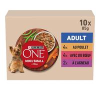 PURINA ONE Mini Carne de Vaca Pollo Cordero 10 x 85 g Adulto | Comida Perro en Salsa de Carne, Pollo, Cordero - Receta completa adecuada para mandíbulas pequeñas - Comida Perro