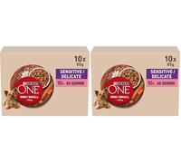 PURINA ONE Mini/Small <10 kg Sensitive/Delicado, Afilado con salmón, arroz y Zanahorias en Salsa para Perros Adultos de tamaño pequeño| Digestión Sensible Bolsas de Comida 10 x 85 g (Paquete de 2)