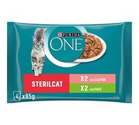 PURINA ONE Sterilcat, Comida Húmeda para Gato Esterilizado Adulto, Trocitos en Salsa, Surtido de Salmón y Pavo, 12 Packs de 4 Sobres de 85 g. (48 sobres)