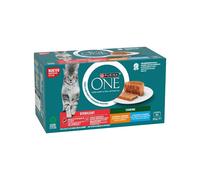 PURINA ONE Terrina Multipack Variedad (4x85g) (Pollo y Zanahorias / Bacalao y Calabacín) - Alimento completo en lata para gatos adultos esterilizados
