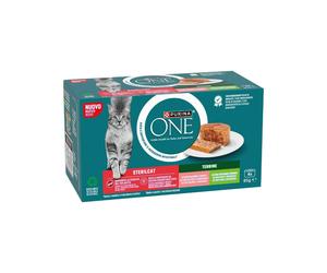 PURINA ONE Terrina Multipack Variedad (4x85g) (Salmón y Zanahorias / Pavo y Espinacas) - Alimento completo en lata para gatos adultos esterilizados