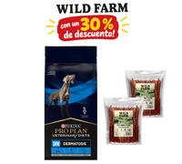 PURINA Pro Plan Veterinary Diets DRM Dermatosis 12 kg + WILD FARM Palitos de conejo 2x500g