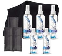 Purity - Limpiador de lentes Mega Pack - Kit de limpieza de lentes de varios tamaños, botellas de 2 x 2 onzas, 3 x 8 onzas + 5 paños de microfibra negros de alta calidad, seguro para todos los lentes,
