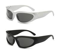 PurityPeak Y2K Futuristische Gafas de Sol para Hombres y Mujeres, Pack de 2 Gafas Ligeras UV380, Plata y Negro Estilo Retro Rave y Techno