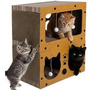 Purlov Casa rascador para gatos 3 en 1 con 2 niveles - HDF y cartón ondulado extra sólido, muebles para rascar y cama para 1 - 2 gatos, 4 pelotas de juego, estable y antideslizante, 51,5 × 45,5 × 28