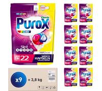 PUROX COLOR Detergente Lavadora Cápsulas (22 Lavados x9) - para ropa de color, elimina manchas, protege colores, totalmente enjuagable, ecológico, Doypack Multipack 9 Unidades
