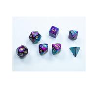 Purple and Teal Gemini Mini Dice with Gold Colored Numbers 10mm (3/8in) Set of 7 Chessex