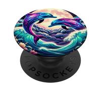 Purple Dolphin Moon Galaxy Pink Blue Dolphins Ocean Wave PopSockets PopGrip Adhesivo