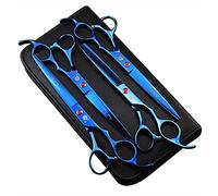 Purple Dragon 7 "4 Juego de tijeras azules para reducir el volumen de pelaje del perro Tijeras de hoja recta x1 curva x2 de entresacar x1 Afiladas Acero inoxidable premium Con estuche