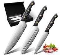 Purple Dragon Set de 3 Cuchillos de Cocina de Acero Damasco - Set de Cuchillos Santoku con Núcleo VG10, Cuchillos de Cocina de Acero Damasco con Mango de Ébano para Carne, Verduras y Frutas