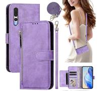 (Purple) Flip Case for Huawei P20 Pro Protection Soft PU Leather Zipper Wallet Cover with Card Holder and Long Strap