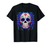 Purple Floral Black Sugar Skull Day of The Dead Mexican Art Camiseta