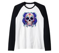 Purple Floral Black Sugar Skull Day of The Dead Mexican Art Camiseta Manga Raglan